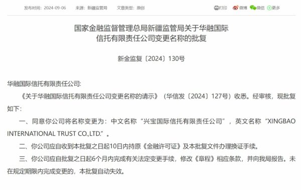 股票配资平台开户 华融信托获批更名为“兴宝国际信托有限责任公司”